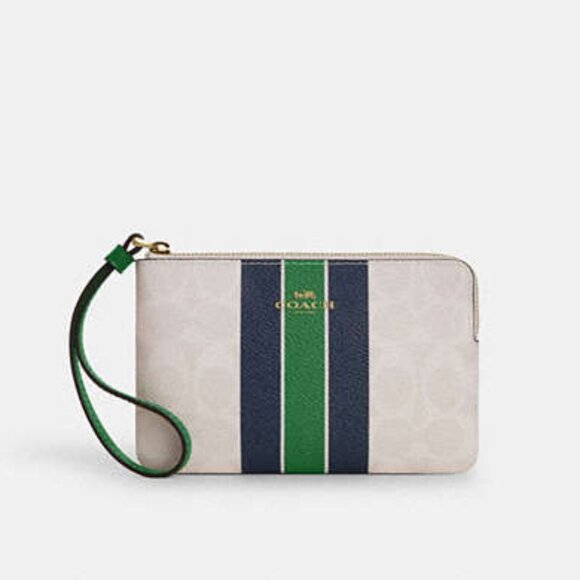 Coach Wristlet In White Signature Canvas and Varsity Stripe Blue and Green - Picture 1 of 4